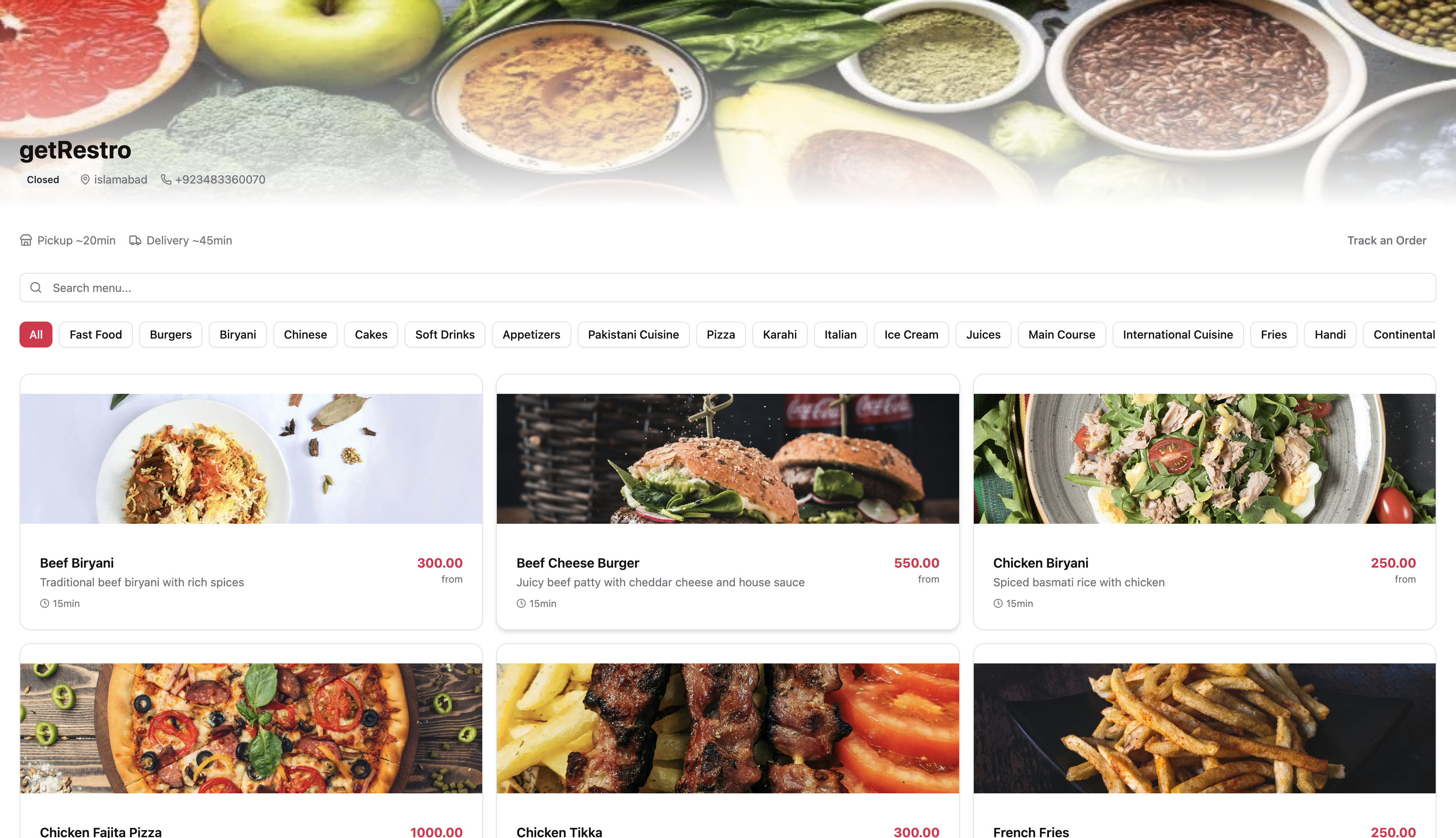 GetRestro Online Store — customer-facing menu with search, categories, item images and order tracking