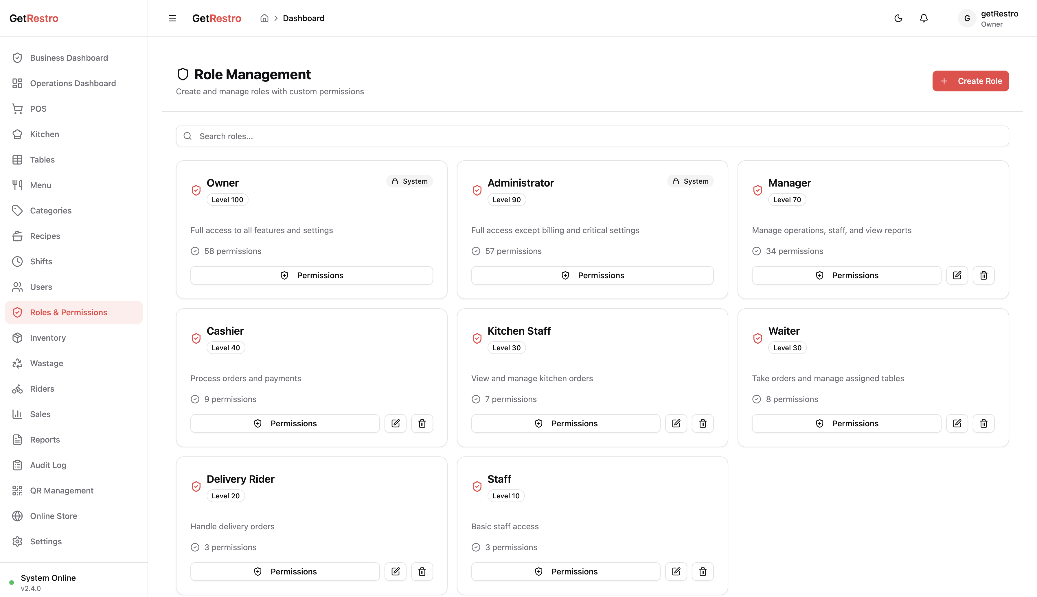 GetRestro Role Management — role-based access control showing Owner, Admin, Waiter and Kitchen roles with granular permissions